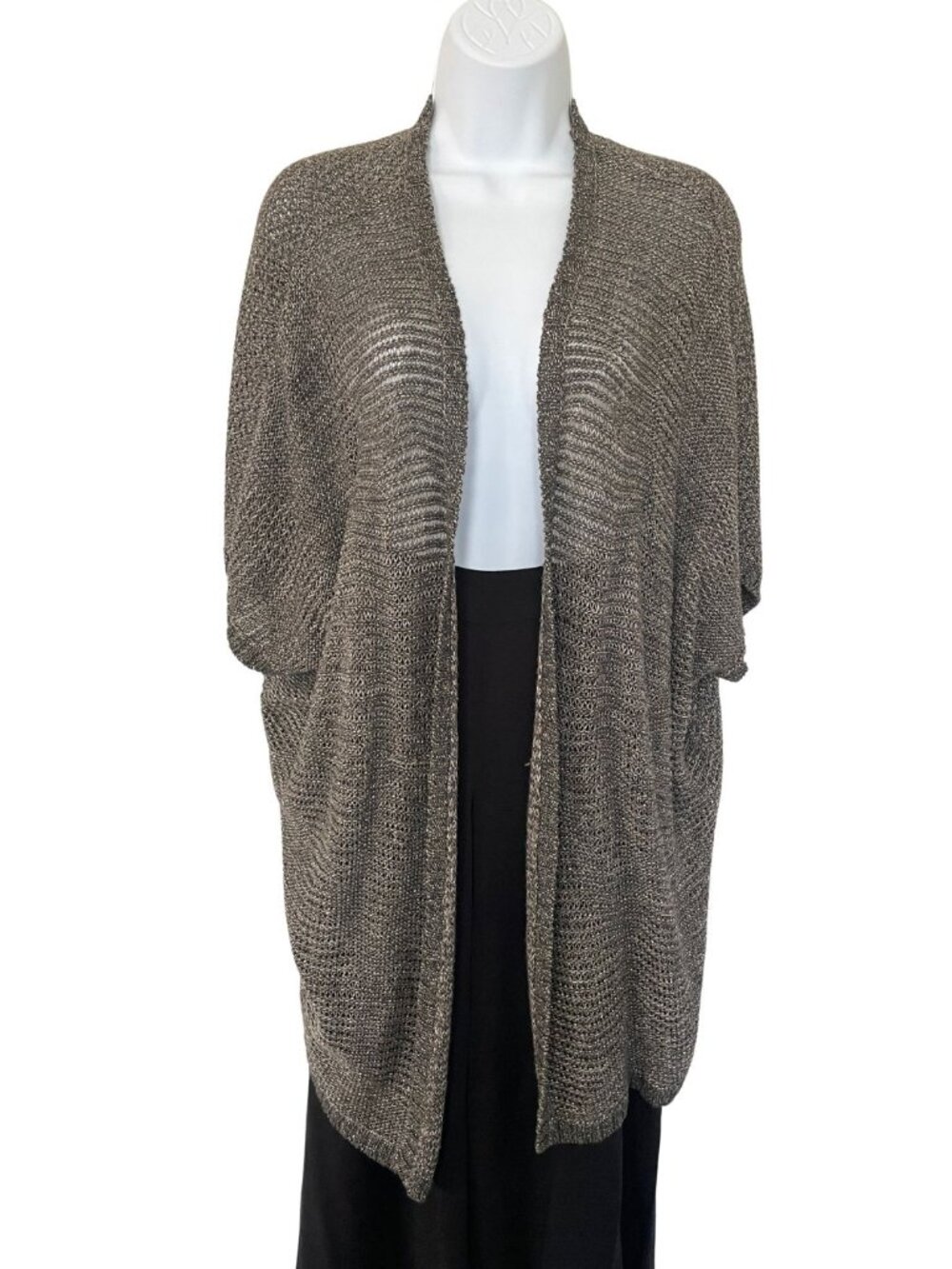 Eileen Fisher Metallic Knit Open Front Oval Cardigan Sweater Brown Bronze Sz XL